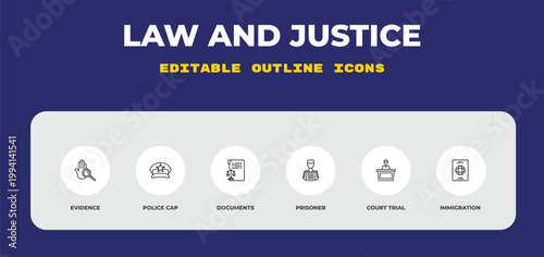 outline law and justice icons set - evidence, police cap, documents. editable vector for web and mobile ui