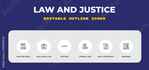 outline law and justice icons set - practise areas, real estate law, shotgun. editable vector for web and mobile ui