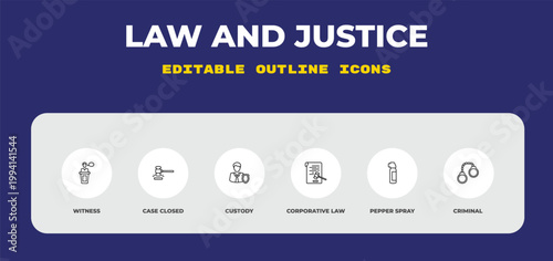 outline law and justice icons set - witness, case closed, custody. editable vector for web and mobile ui