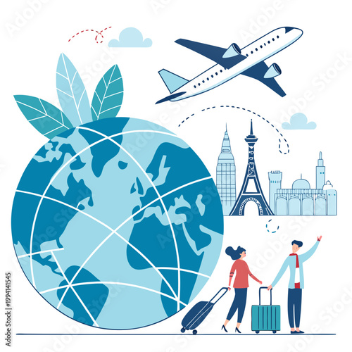Couple traveling globally with luggage and airplane flying over famous city landmarks illustrating international vacation famous places business trip air travel white background global travel