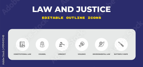outline law and justice icons set - constitutional law, counsel, veredict. editable vector for web and mobile ui