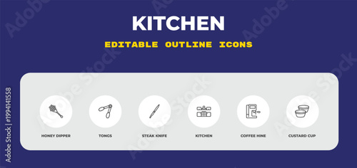 outline kitchen icons set - honey dipper, tongs, steak knife. editable vector for web and mobile ui