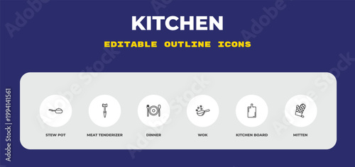 outline kitchen icons set - stew pot, meat tenderizer, dinner. editable vector for web and mobile ui