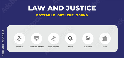 outline law and justice icons set - tax law, criminal database, child custody. editable vector for web and mobile ui