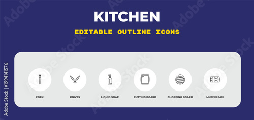 outline kitchen icons set - fork, knives, liquid soap. editable vector for web and mobile ui