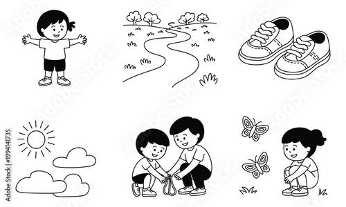 Black and white child, kids, outdoor icons, 8 elements, vector illustrations, line art