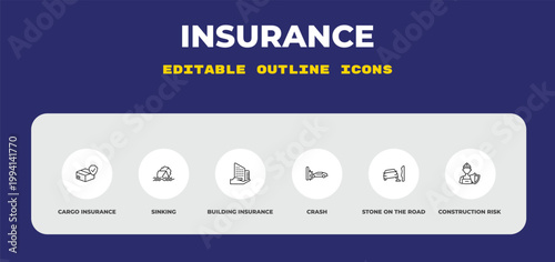 outline insurance icons set - cargo insurance, sinking, building insurance. editable vector for web and mobile ui