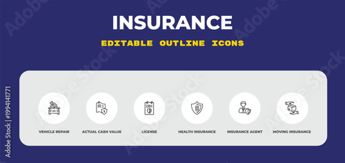 outline insurance icons set - vehicle repair, actual cash value, license. editable vector for web and mobile ui