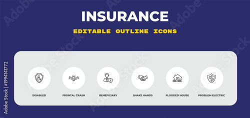 outline insurance icons set - disabled, frontal crash, beneficiary. editable vector for web and mobile ui