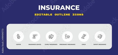 outline insurance icons set - coffin, insurance advice, family insurance. editable vector for web and mobile ui
