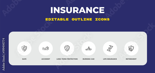 outline insurance icons set - safe, accident, long term protection. editable vector for web and mobile ui