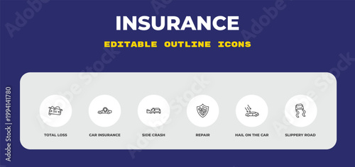 outline insurance icons set - total loss, car insurance, side crash. editable vector for web and mobile ui