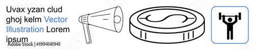 Marketing, finance, fitness, promotions, public speaking, advertising. Megaphone, dollar coin weightlifting figure. Marketing and finance concepts illustrated with bold thematic icons