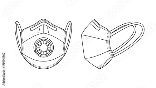Detailed black and white line art illustration of two protective face masks, one with a valve and one without, for health and safety.