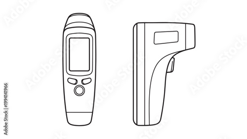 Detailed line art illustration of a modern non-contact infrared thermometer, showing front and side views for temperature measurement and health monitoring.
