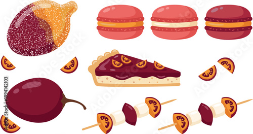 Tamarillo Dessert Vector Set Featuring Macarons, Pie, Skewers, Whole Fruit, and Slices in Sweet Red Berry Style Illustration Collection