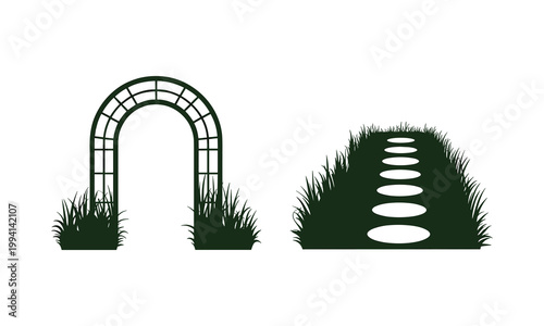Garden archway, pathway, grassy landscape, vector icons