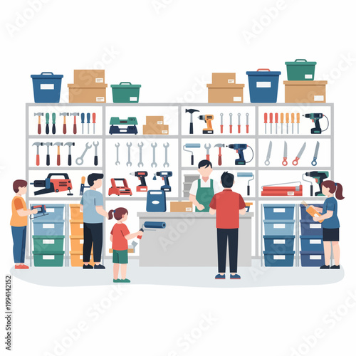 Hardware store interior with shoppers buying tools and equipment