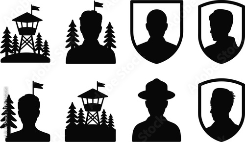 Black silhouette icons, forest ranger symbols, people and lookout tower graphics, vector illustration set