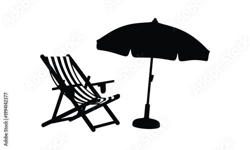 Beach chair, umbrella, black silhouette, summer icons, vector graphics
