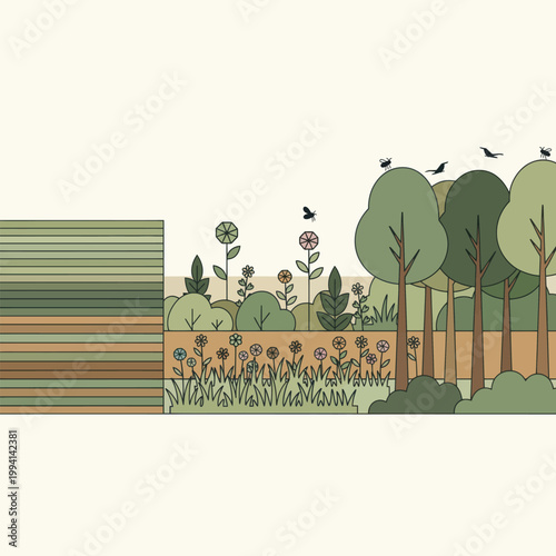 Green flora and fauna with birds in a stylized field landscape