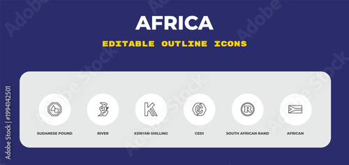 Fotografie outline africa icons set - sudanese pound, river, kenyan shilling