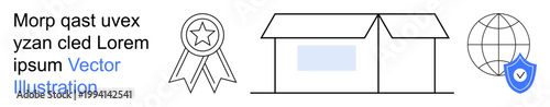 Logistics, security, certification, e-commerce, global trade, reliability. Minimalistic design of a box, a star-awarded ribbon a globe and a shield with a checkmark. Logistics and security