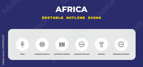 outline africa icons set - ankh, zambian kwacha, apartheid museum. editable vector for web and mobile ui