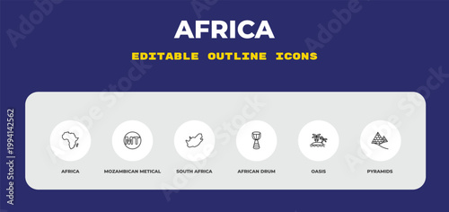 outline africa icons set - africa, mozambican metical, south africa. editable vector for web and mobile ui