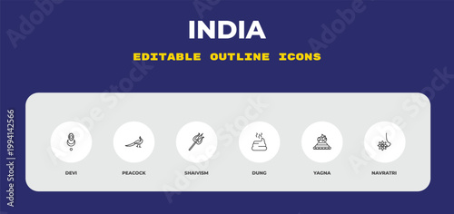 outline india icons set - devi, peacock, shaivism. editable vector for web and mobile ui