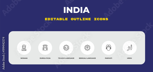 outline india icons set - woman, durga puja, telugu language. editable vector for web and mobile ui