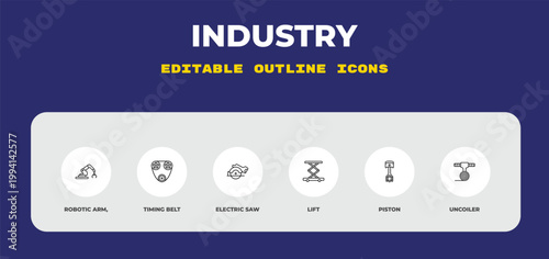 outline industry icons set - robotic arm,, timing belt, electric saw. editable vector for web and mobile ui