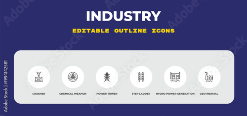 outline industry icons set - crusher, chemical weapon, power tower. editable vector for web and mobile ui