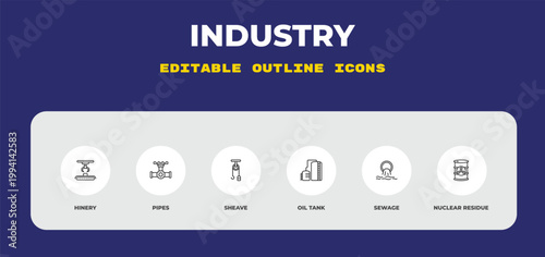 outline industry icons set - hinery, pipes, sheave. editable vector for web and mobile ui