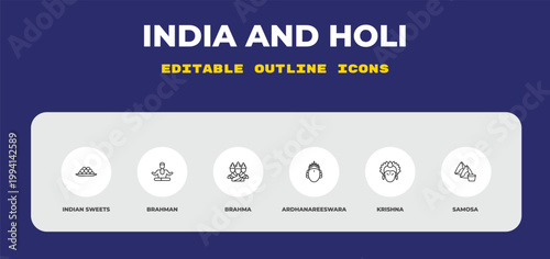 outline india and holi icons set - indian sweets, brahman, brahma. editable vector for web and mobile ui