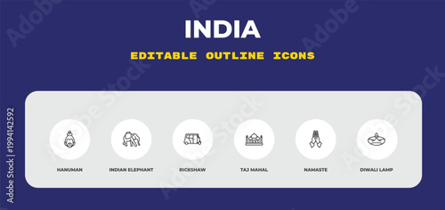 outline india icons set - hanuman, indian elephant, rickshaw. editable vector for web and mobile ui