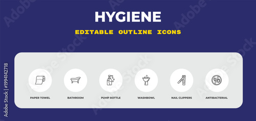 outline hygiene icons set - paper towel, bathroom, pump bottle. editable vector for web and mobile ui