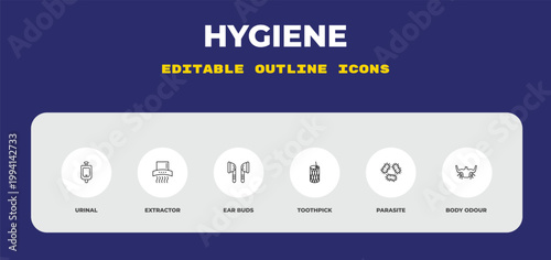 outline hygiene icons set - urinal, extractor, ear buds. editable vector for web and mobile ui