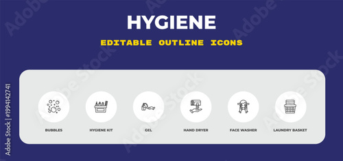 outline hygiene icons set - bubbles, hygiene kit, gel. editable vector for web and mobile ui