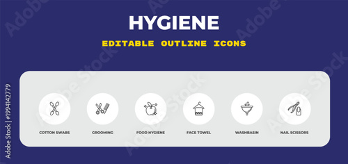 outline hygiene icons set - cotton swabs, grooming, food hygiene. editable vector for web and mobile ui