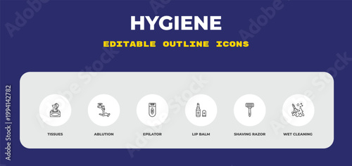 outline hygiene icons set - tissues, ablution, epilator. editable vector for web and mobile ui