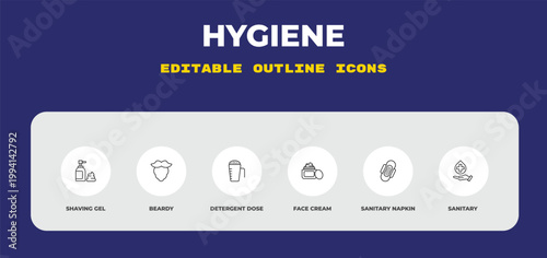 outline hygiene icons set - shaving gel, beardy, detergent dose. editable vector for web and mobile ui