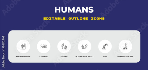 outline humans icons set - mountain climb, carrying, feeding. editable vector for web and mobile ui