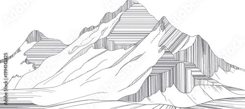 Hand drawn mountain landscape with contour lines, scenic nature engraving style vector illustration