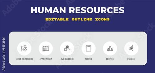 outline human resources icons set - video conference, appointment, due diligence. editable vector for web and mobile ui