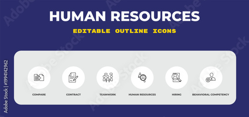 outline human resources icons set - compare, contract, teamwork. editable vector for web and mobile ui
