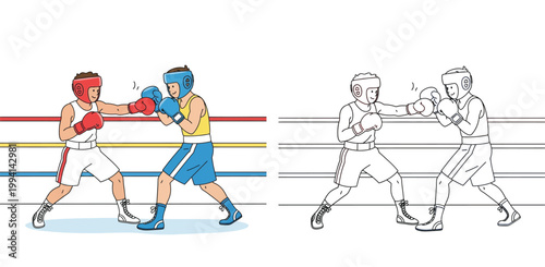 Amateur boxing match illustration showing two boxers sparring in a ring with a coloring page version, featuring athletes in headgear and gloves for sports and fitness concepts.