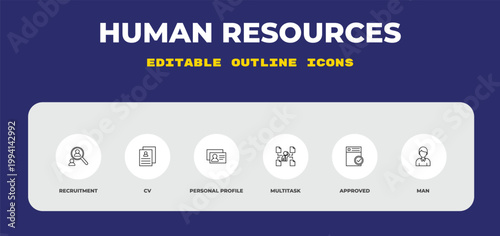 outline human resources icons set - recruitment, cv, personal profile. editable vector for web and mobile ui