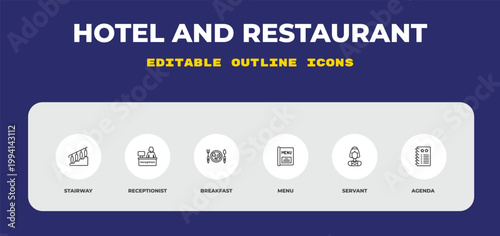 outline hotel and restaurant icons set - stairway, receptionist, breakfast. editable vector for web and mobile ui