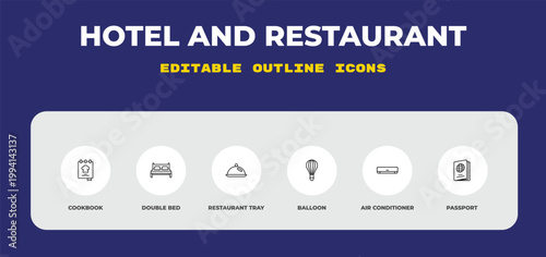 outline hotel and restaurant icons set - cookbook, double bed, restaurant tray. editable vector for web and mobile ui